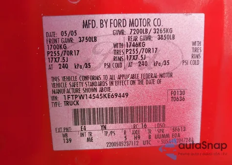 2005 Ford F-150 Fx4/Lariat/Xlt from USA, damaged, VIN 1FTPW14545KE69449